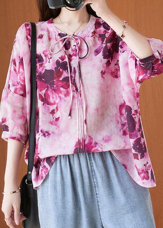 Fashion Pink Print Short Sleeve Summer Cotton Shirt Top - bagstylebliss