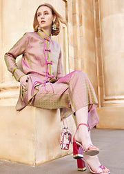 Fashion Pink Print Silk Cotton Shirts And Crop Pants Two Pieces Set Fall