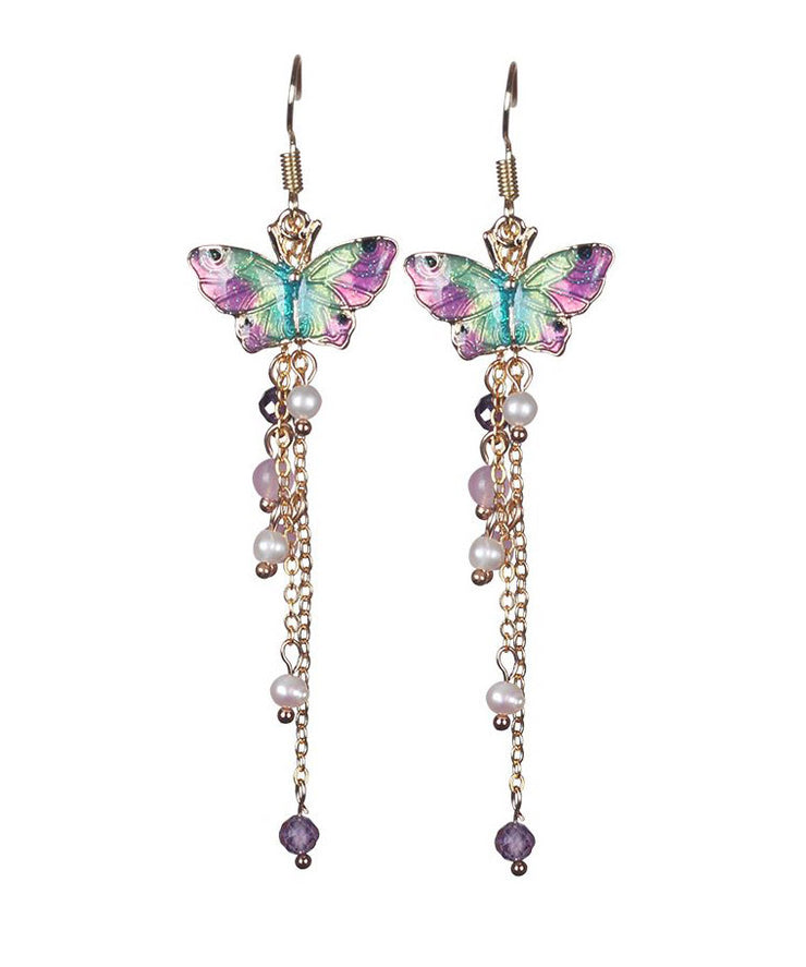 Fashion Pink Sterling Silver Pearl Chalcedony Butterfly Tassel Drop Earrings