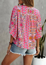 Fashion Pink V Neck Print Loose Tank Tops Short Sleeve