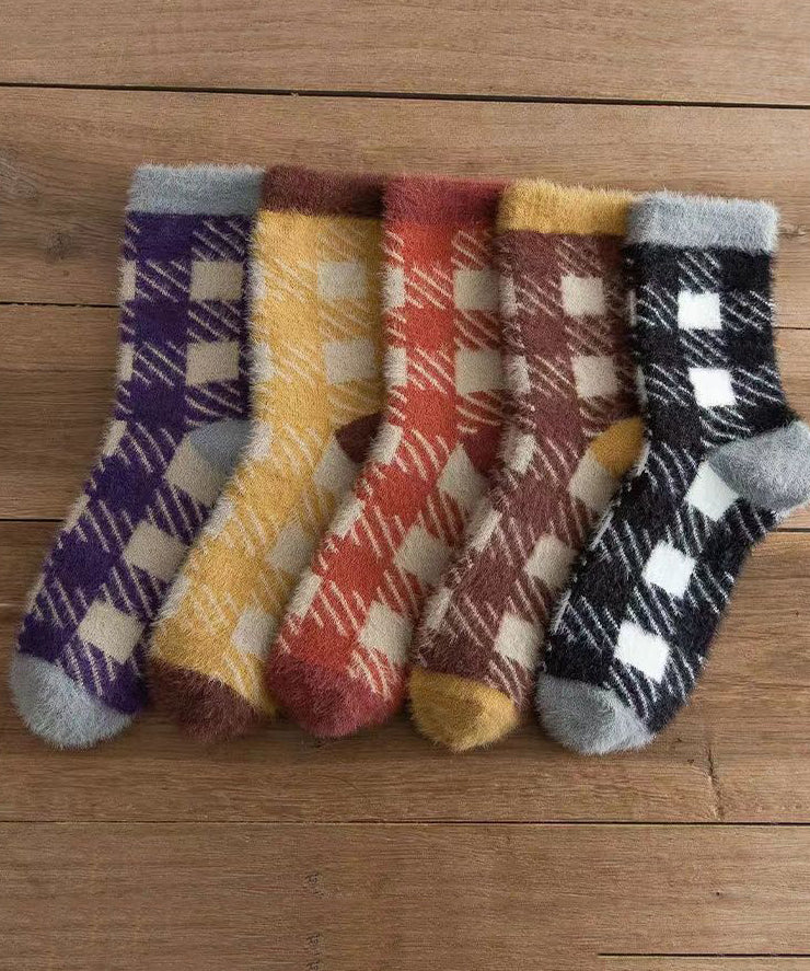 Fashion Plaid Mink Velvet Warm Fleece Mid Calf Socks