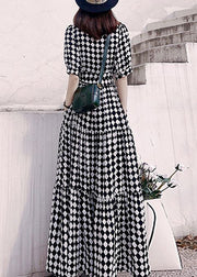 Fashion Plaid V Neck High Waist Patchwork Cotton Long Dresses Summer