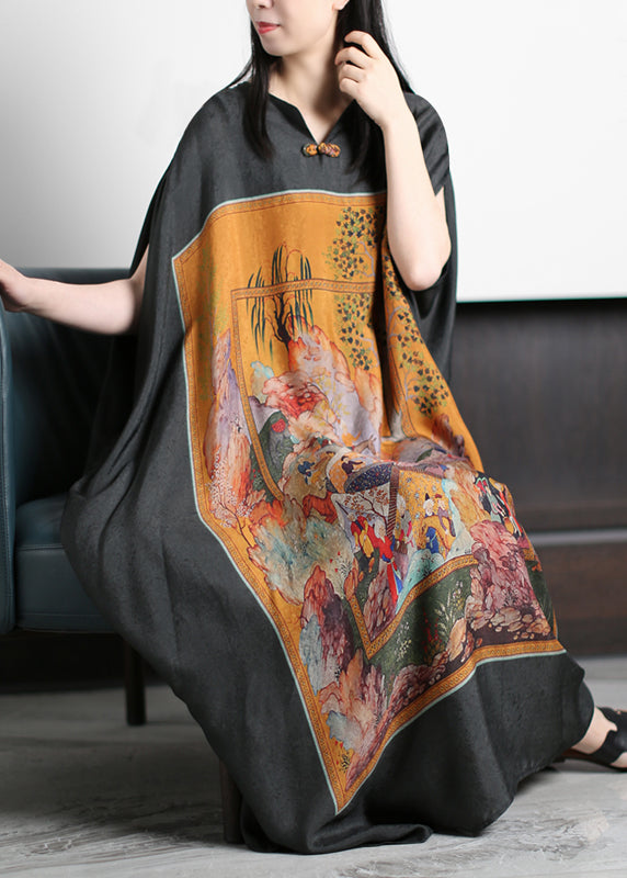 Fashion Plus Size Yellow Print O-Neck Silk Long Dress Batwing Sleeve