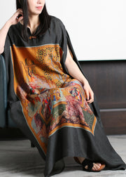 Fashion Plus Size Yellow Print O-Neck Silk Long Dress Batwing Sleeve