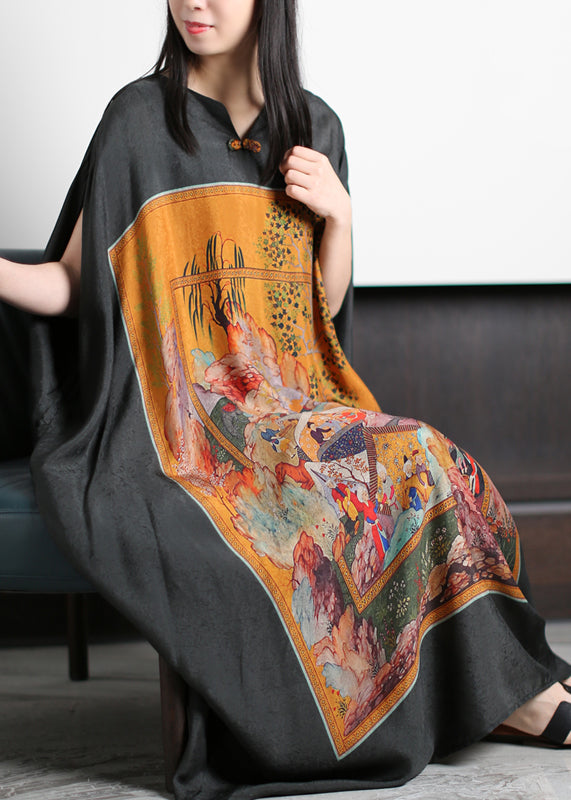 Fashion Plus Size Yellow Print O-Neck Silk Long Dress Batwing Sleeve