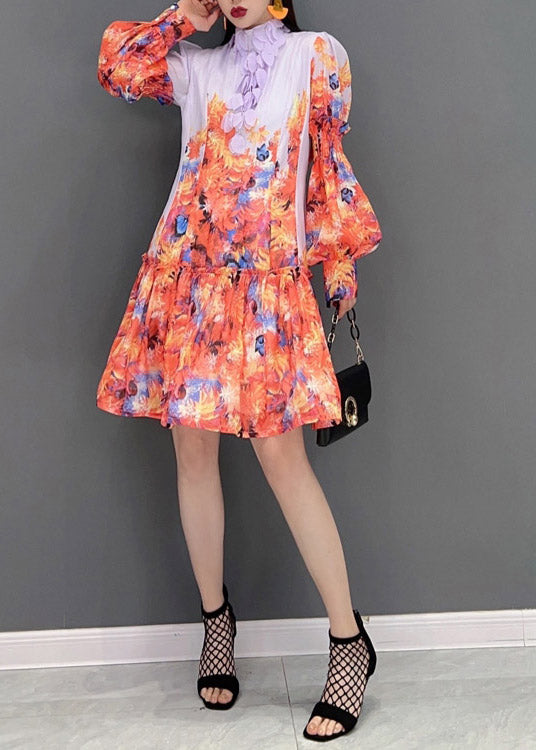 Fashion Print Stand Collar Patchwork Chiffon Dresses lantern sleeve