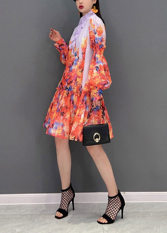 Fashion Print Stand Collar Patchwork Chiffon Dresses lantern sleeve