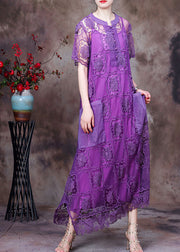 Fashion Purple O-Neck Big Pockets Hollow Out Lace Dress And Spaghetti Strap Dress Two Piece Set Short Sleeve