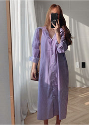 Fashion Purple Peter Pan Collar Striped Cotton Shirt Dresses Spring