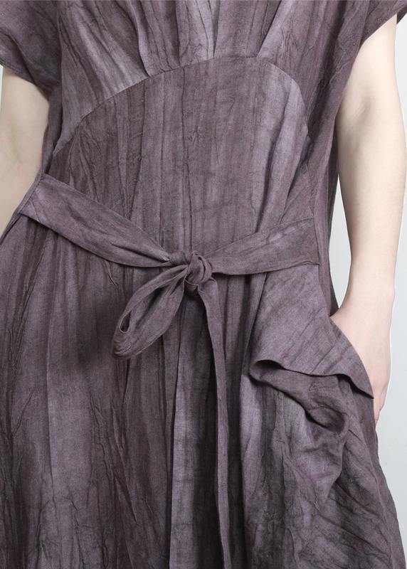 Fashion Purple Pockets Linen Batwing Sleeve Summer Robe Dresses - bagstylebliss