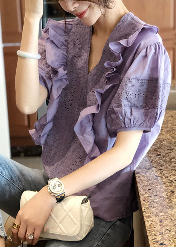 Fashion Purple V Neck Ruffled Patchwork Cotton Tops Lantern Sleeve