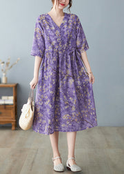 Fashion Purple V Neck drawstring Print Long Dresses Half Sleeve