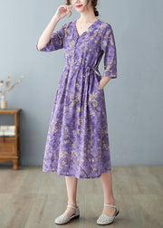 Fashion Purple V Neck drawstring Print Long Dresses Half Sleeve