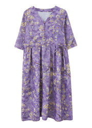 Fashion Purple V Neck drawstring Print Long Dresses Half Sleeve