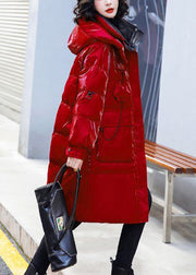 Fashion Red Stand Collar Zippered Patchwork Bright Hooded Long Fine Cotton Filled Coats Winter