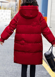 Fashion Red Stand Collar Zippered Patchwork Bright Hooded Long Fine Cotton Filled Coats Winter