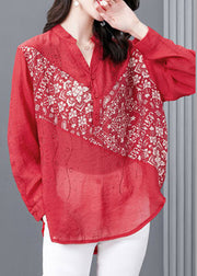 Fashion Red V Neck Print Button Diamonds Chiffon Tops Long sleeve