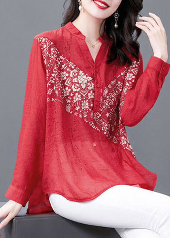 Fashion Red V Neck Print Button Diamonds Chiffon Tops Long sleeve