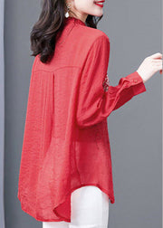 Fashion Red V Neck Print Button Diamonds Chiffon Tops Long sleeve