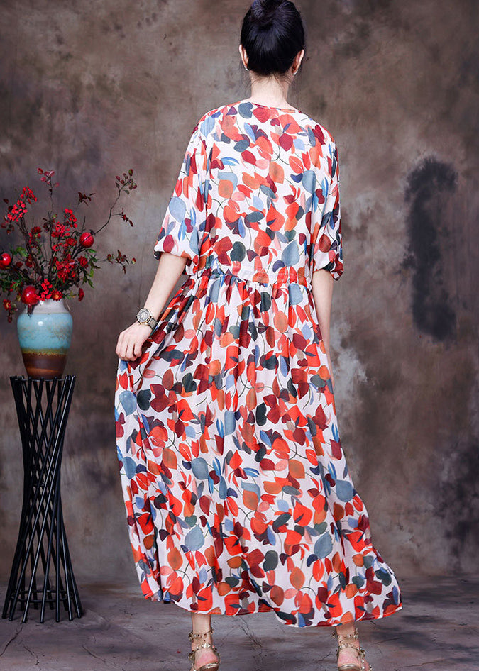 Fashion Red V Neck Print Tie Waist Chiffon Maxi Dresses Half Sleeve