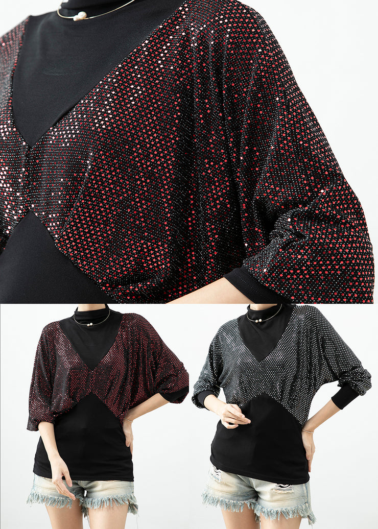 Fashion Red Zircon Patchwork Cotton Fake Two Piece Top Fall