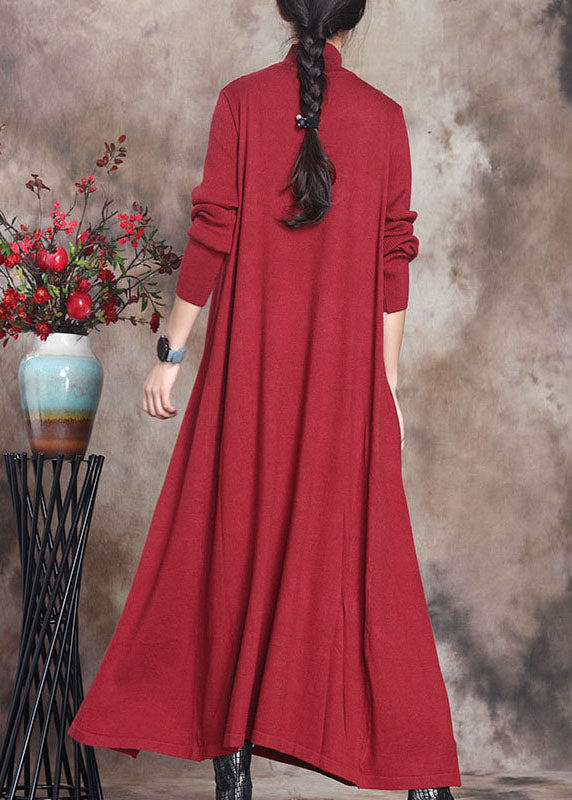 Fashion Red Retro Knit Slim Fit Herbst Long Sweater Dress