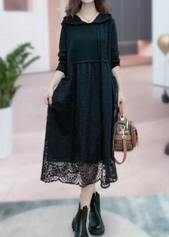 Fashion Rose Hooded Patchwork Lace Long Dresses Fall