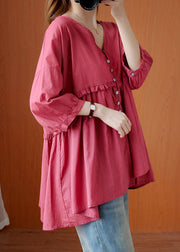 Fashion Rose V Neck Button asymmetrical design Ruffled Fall Shirt Half Sleeve