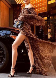 Fashion Slash Neck Backless Ruffled Leopard Print Side Open Long Dresses Flare Sleeve