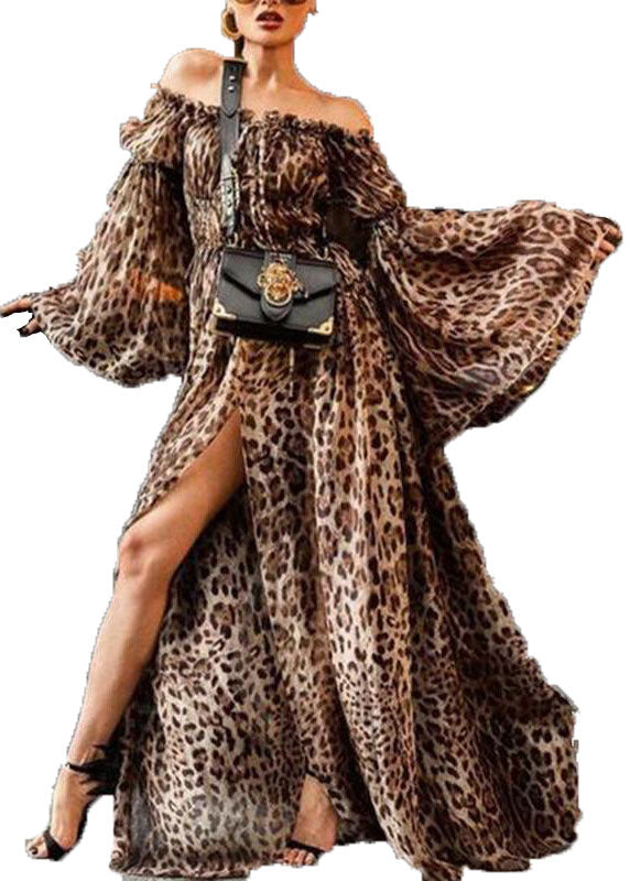 Fashion Slash Neck Backless Ruffled Leopard Print Side Open Long Dresses Flare Sleeve