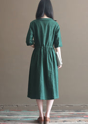 Fashion Solid Green Drawstring Peter Pan Collar Linen Long Dress Half Sleeve