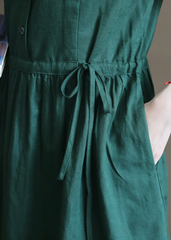 Fashion Solid Green Drawstring Peter Pan Collar Linen Long Dress Half Sleeve