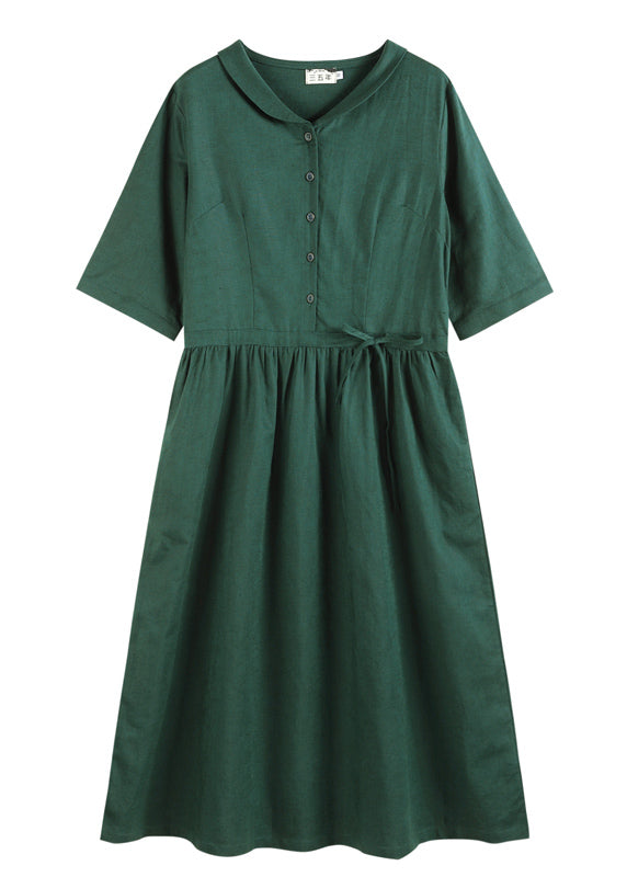 Fashion Solid Green Drawstring Peter Pan Collar Linen Long Dress Half Sleeve