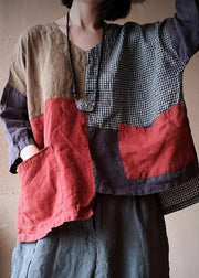 Fashion V Neck Pockets Asymmetrical Patchwork Pockets Linen Tops Long Sleeve