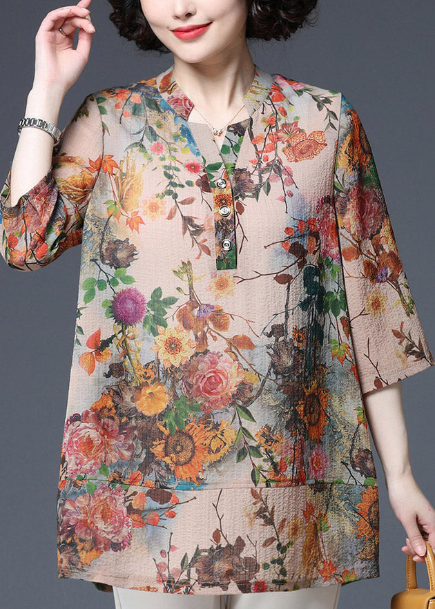 Fashion V Neck Print Button Cotton Shirts Three Quarter sleeve