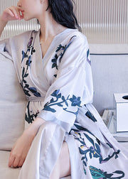 Fashion V Neck Print Tie Waist Ice Silk Maxi Robe Long Sleeve