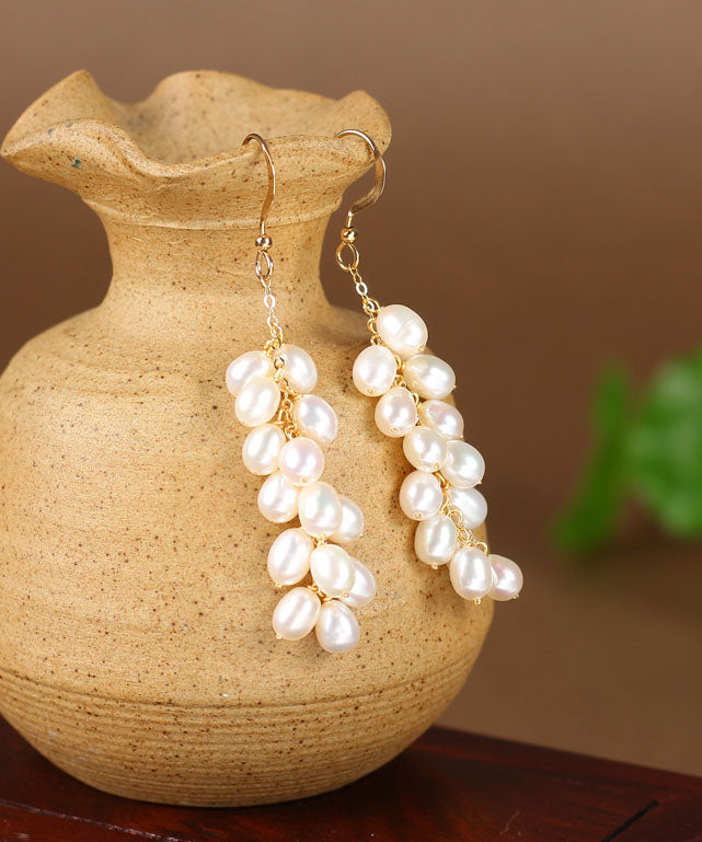 Fashion White 14K Gold Pearl Grape Skewers Drop Earrings