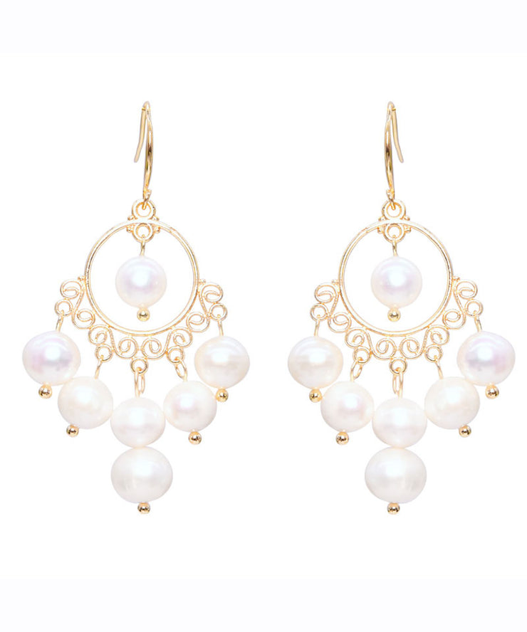 Fashion White 14K Gold Pearl Tassel Drop Earrings