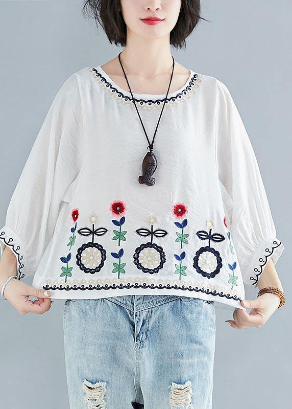 Fashion White Embroideried Batwing Sleeve Shirt Tops Summer Cotton Linen - bagstylebliss