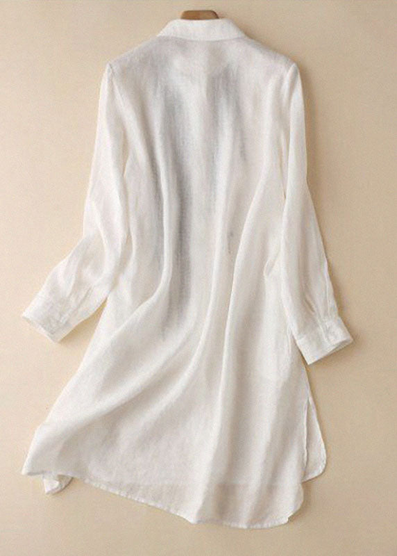 Fashion White Embroideried Low High Design Cotton Linen Long Shirt Top Long Sleeve