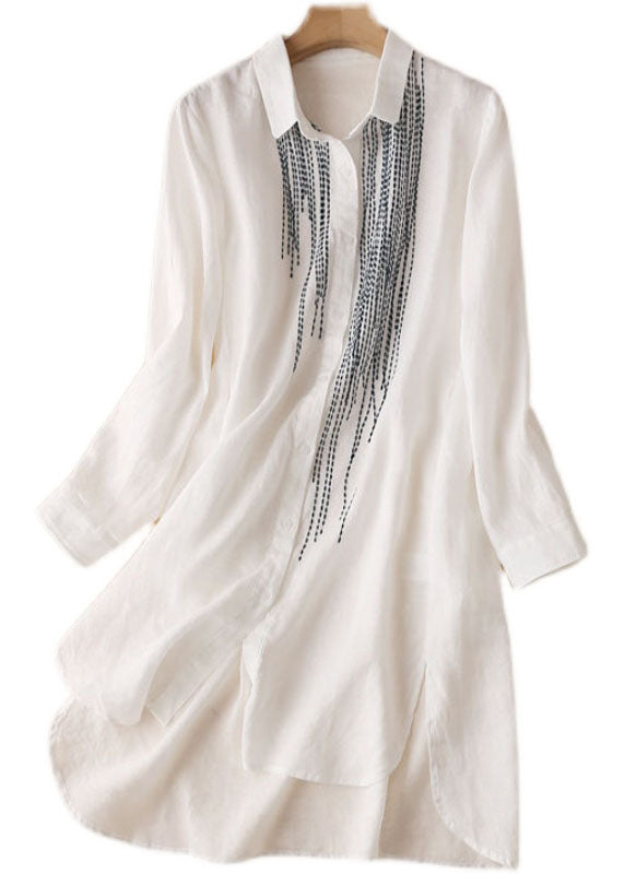 Fashion White Embroideried Low High Design Cotton Linen Long Shirt Top Long Sleeve