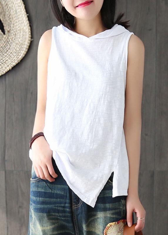 Fashion White Hooded Asymmetrical Design Summer Cotton Top Sleeveless - bagstylebliss