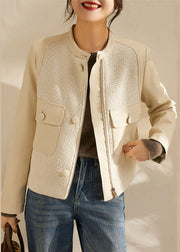 Fashion White O-Neck Woolen Patchwork Pockets Sheepskin Coats Long Sleeve