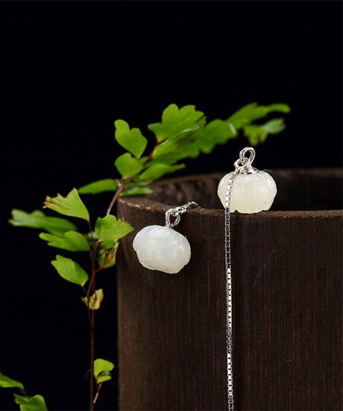 Fashion White Sterling Silver Inlaid Jade Lotus Drop Earrings