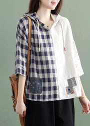 Fashion White hooded Plaid Patchwork Fall Half Sleeve Shirt Top