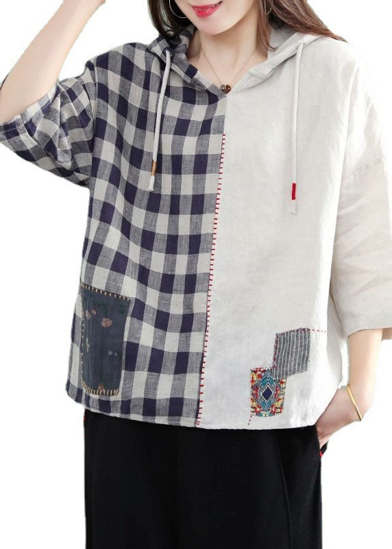 Fashion White hooded Plaid Patchwork Fall Half Sleeve Shirt Top