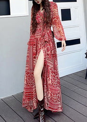 Fashion Wine Red V Neck Print Side Open Patchwork Long Dresses Fall