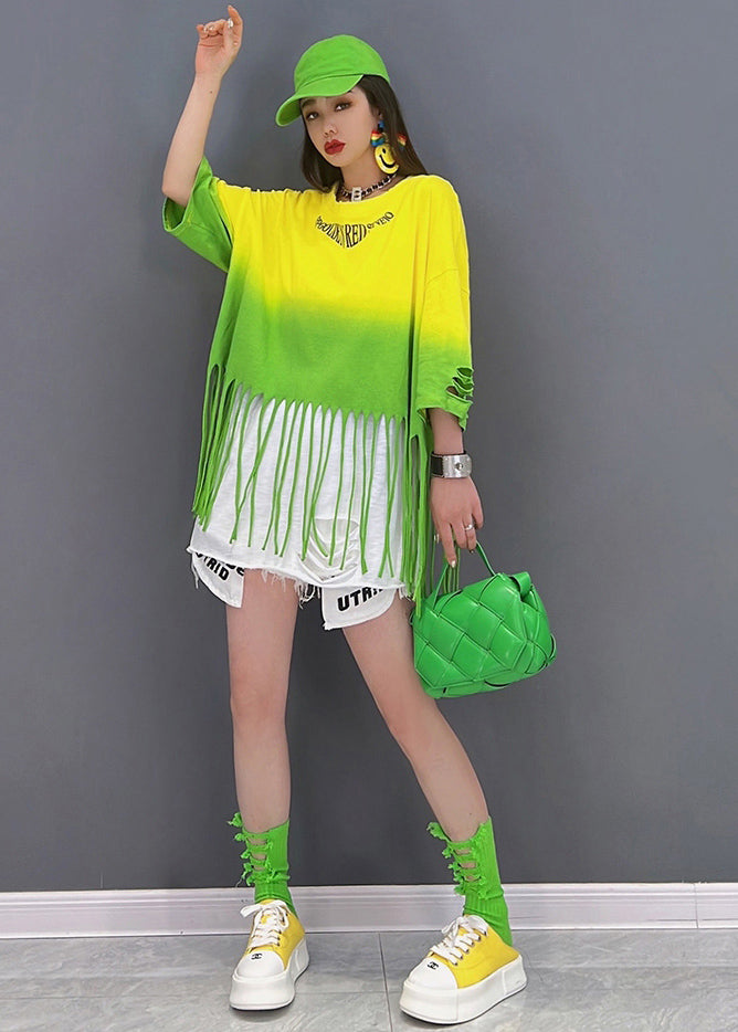 Fashion Yellow Blue Gradient color Hole Patchwork Tassel Cotton Tanks half Sleeve