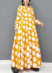 Fashion Yellow Button Print Fall Long Sleeve Holiday Dress - bagstylebliss