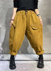 Fashion Yellow Casual Elastic Waist Pockets Tie Waist Fall Pants